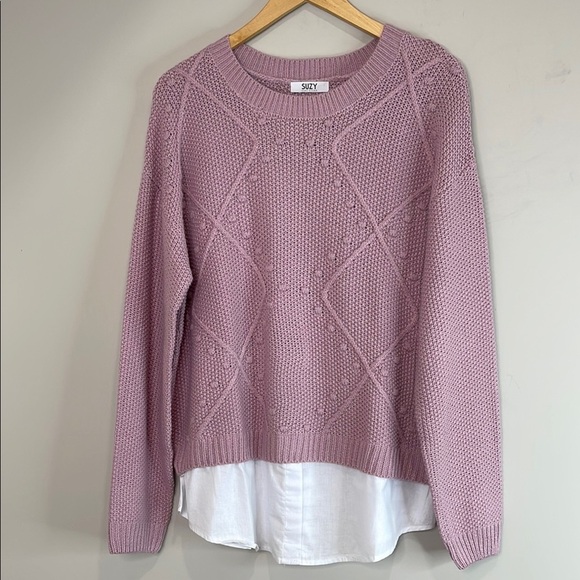 Suzy Shier Crew Neck Fooler Sweater Layered Look Pink White Cable Popcorn Knit L - Picture 2 of 11
